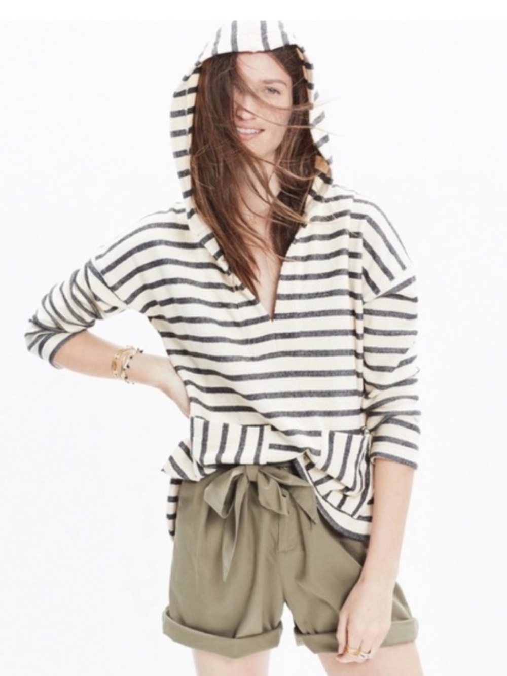 Madewell lightweight Cream & Navy Striped Knit Pullover Hoodie